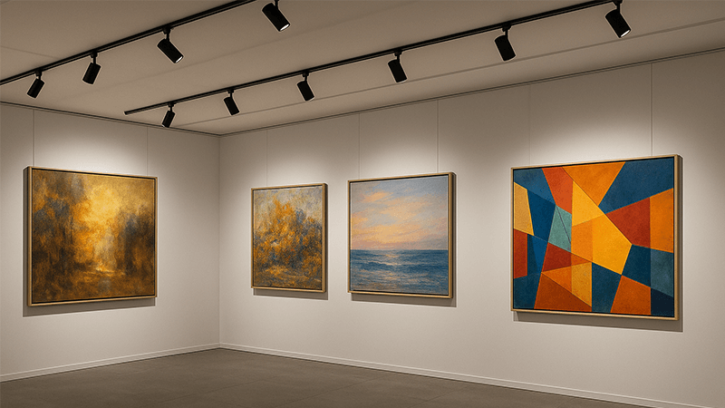 An art gallery where spotlights are carefully aimed to prevent glare