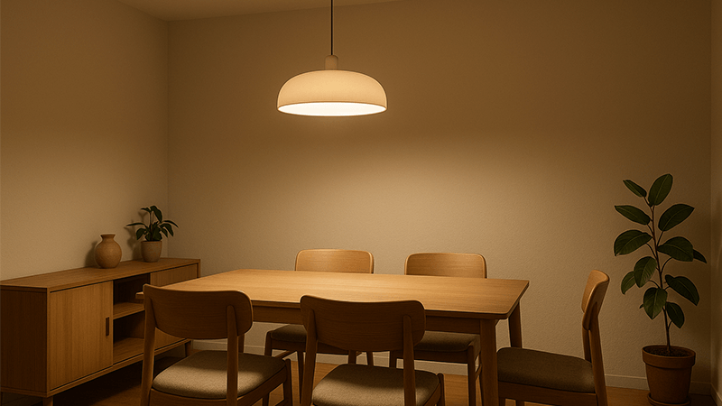 A dining area with a diffused pendant ceiling light providing soft, comfortable illumination
