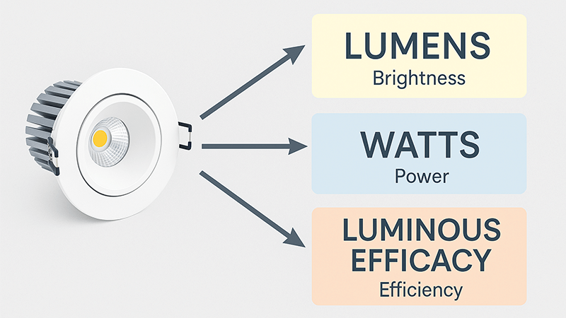 A diagram showing the relationship between lumens, watts, and luminous efficacy in an LED downlight.