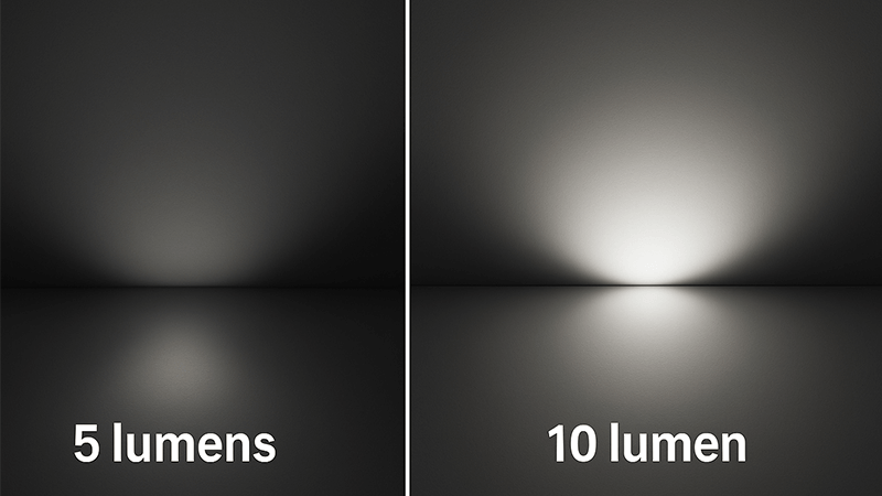 A side-by-side comparison of a 5-lumen light and a 10-lumen light, with the 10-lumen side visibly brighter.