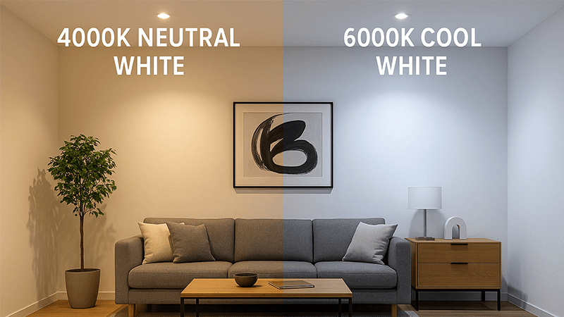 A split image showing a room lit with 4000K neutral white light on one side and 6000K cool white light on the other.