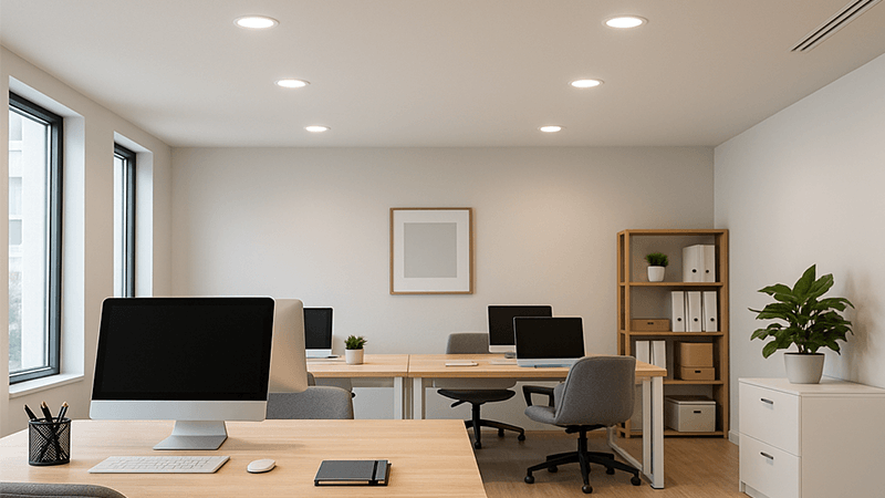 An office space comfortably lit with 4000K downlights that have good glare control.