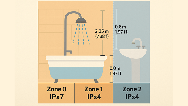 A diagram showing the different lighting zones in a bathroom