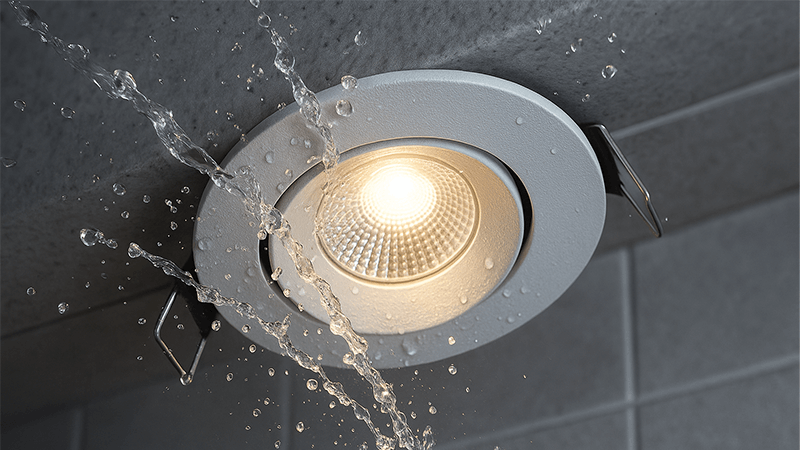 A close-up shot of water splashing on an IP65 downlight to show its water resistance