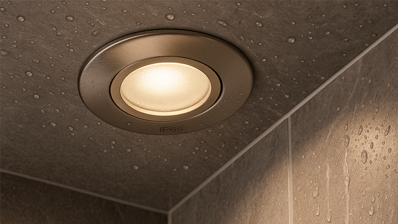 An illuminated IP65 downlight installed directly in a shower ceiling