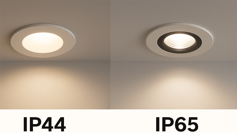 A side-by-side comparison of an IP44 and an IP65 downlight