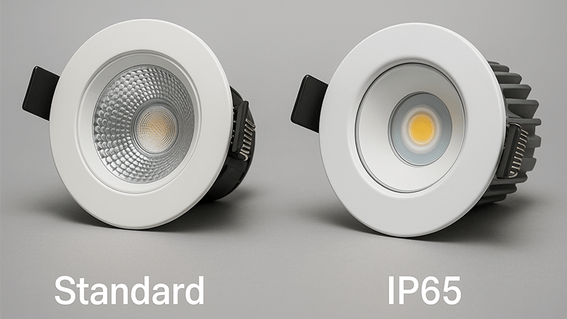Standard vs IP-rated Downlight A standard downlight compared to an IP65 rated one