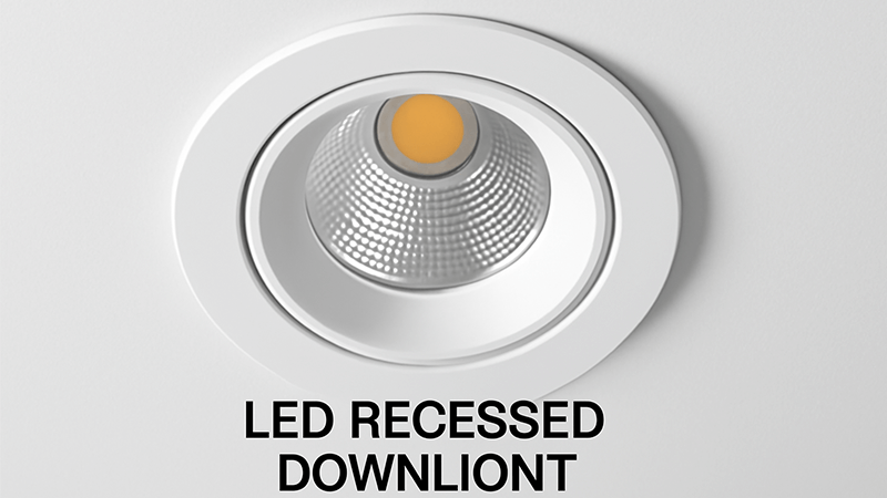 A close-up of a modern LED recessed downlight installed in a white ceiling.