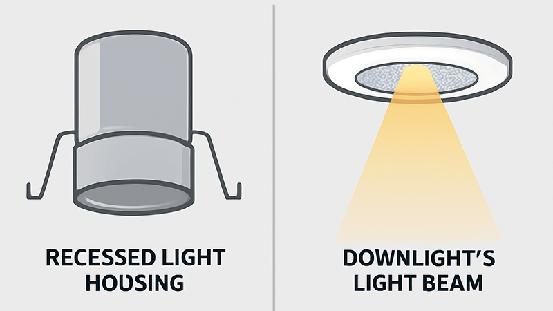 An infographic comparing a recessed light housing with a downlight's light beam.