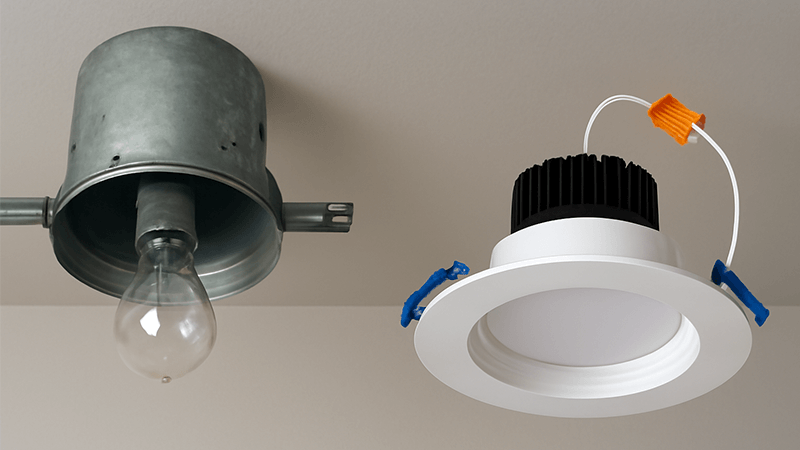 A comparison showing an old recessed can light next to a sleek, new LED retrofit kit.