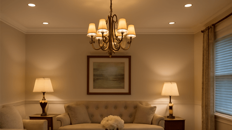A beautifully decorated room with layers of light: a chandelier, table lamps, and minimal recessed lighting.