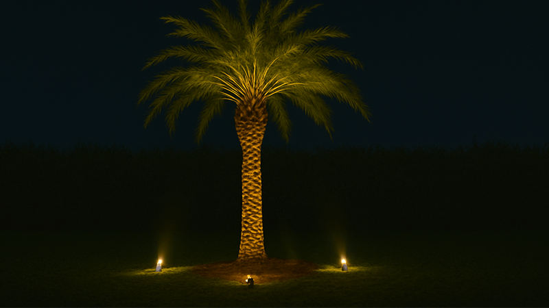 Three spotlights uplighting a large palm tree