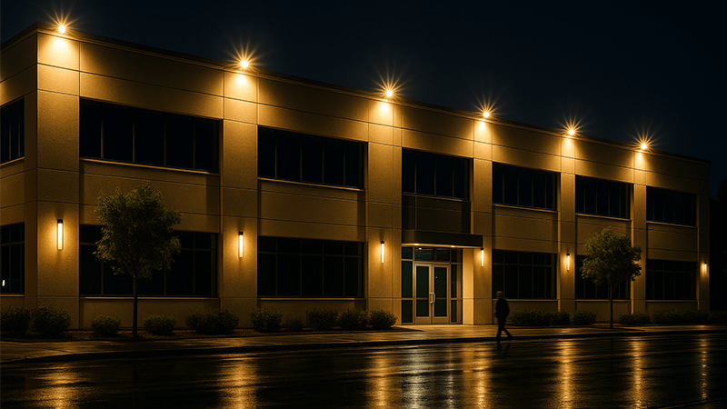 Outdoor Flood Light Wattage Guide A well-lit commercial building at night using outdoor flood lights
