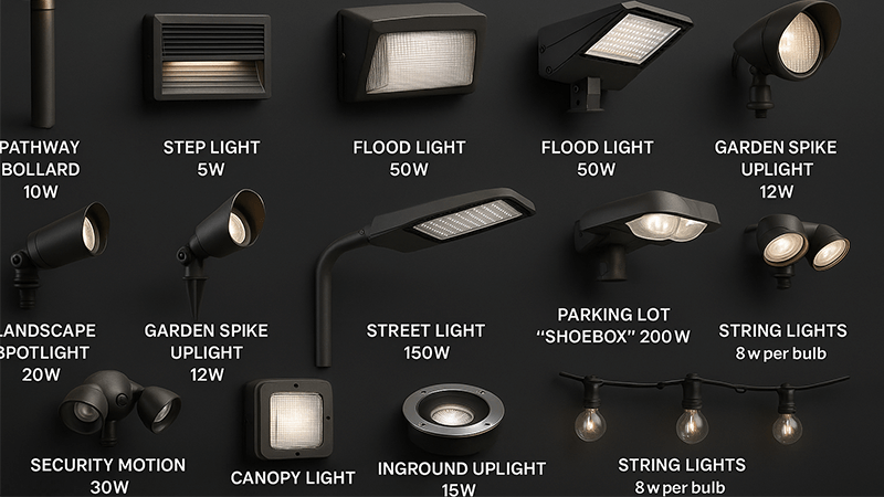 Best Wattage for Different Outdoor Lights An array of different outdoor lighting fixtures with various wattages