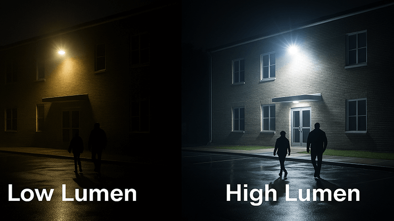 Flood Light Lumens Comparison A side-by-side comparison of a low-lumen and a high-lumen flood light in action