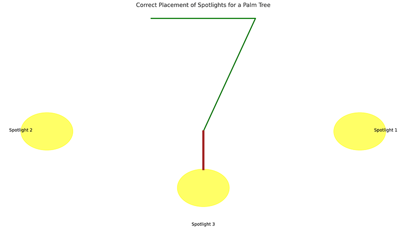 Diagram showing correct placement of spotlights for a palm tree