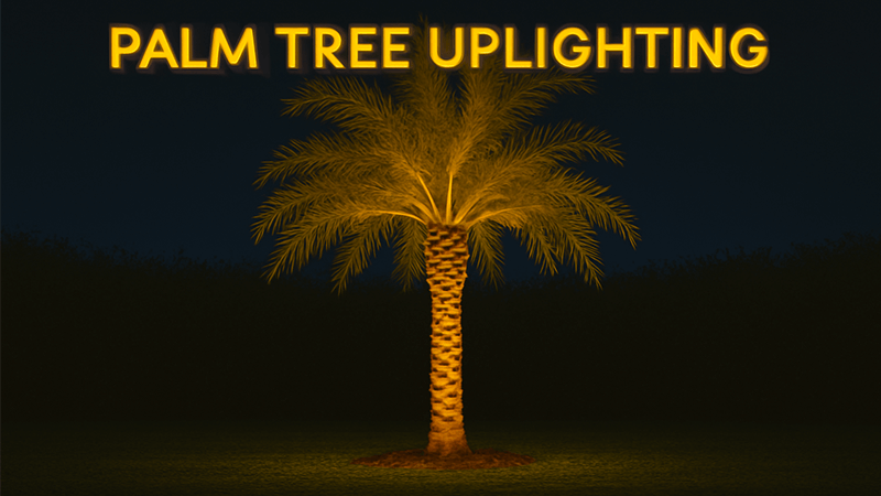 A beautifully lit palm tree at night with warm white uplights.