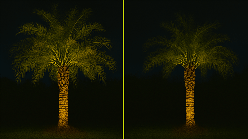 A comparison of a brightly lit palm tree versus one with subtle, soft lighting.