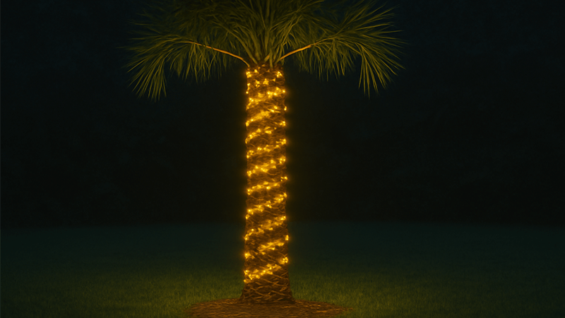 A perfectly wrapped palm tree trunk with LED string lights shining at dusk.