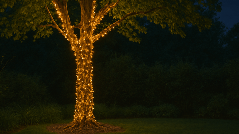 A large deciduous tree trunk wrapped in warm white LED lights in a garden.