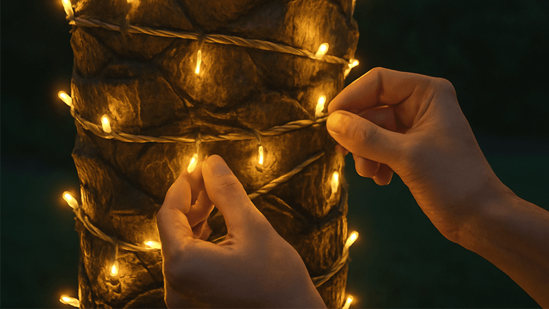 A close-up of hands neatly wrapping LED string lights around a palm tree trunk.