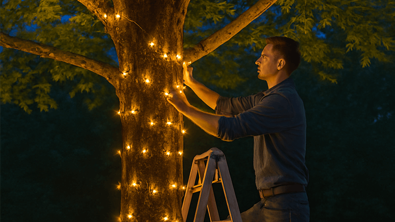 An installer on a ladder carefully wrapping lights around the trunk of a tall maple tree.