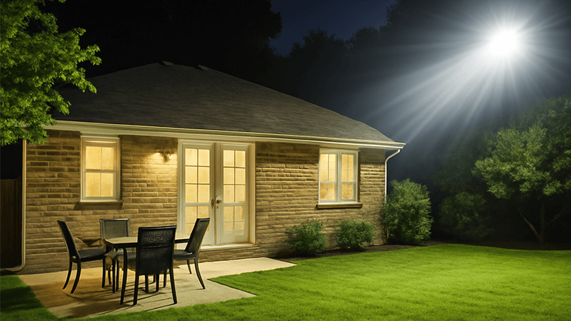 High-lumen LED floodlight illuminating a modern building at night