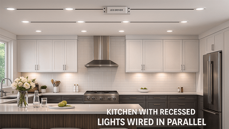 Modern kitchen with recessed lights wired in parallel