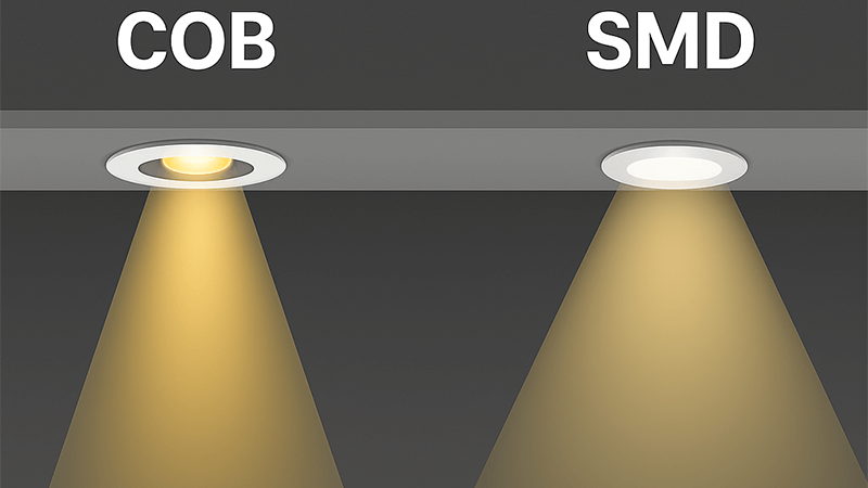 COB vs Standard Downlight Beam Comparing the light beam from a COB and a standard SMD downlight