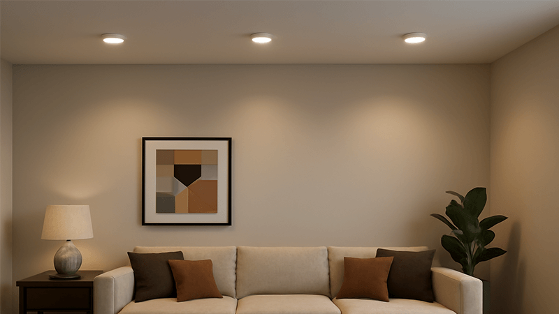 Surface Mounted Downlight Application A stylish living room illuminated by several surface mounted downlights on a solid ceiling