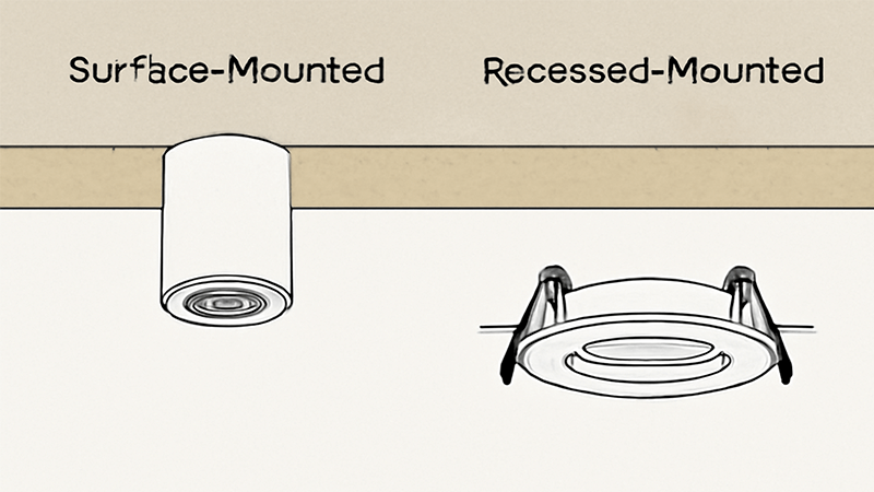 Surface Mounted vs Recessed Mounted Installation A diagram showing the installation difference between a surface mounted and a recessed mounted downlight