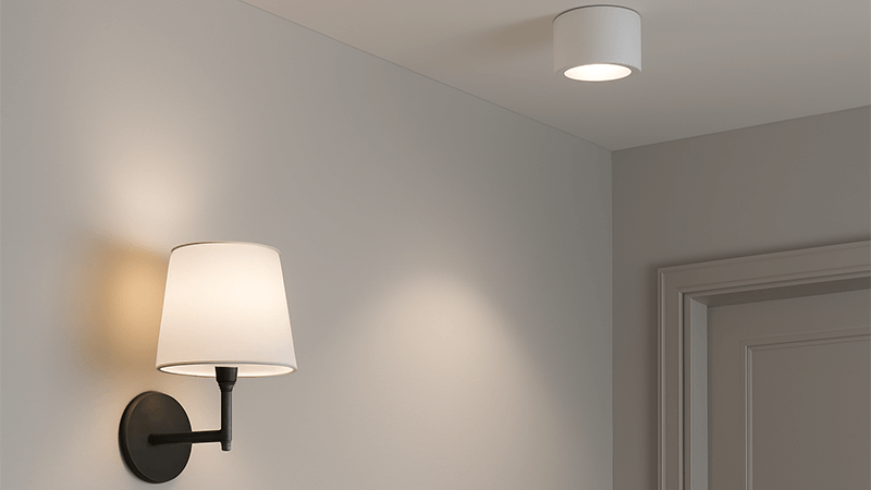 Wall Mounted vs Ceiling Surface Mounted An image showcasing both a wall mounted sconce and a ceiling surface mounted downlight in the same room