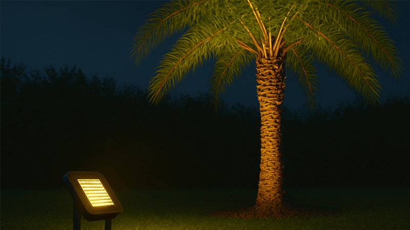 An LED spotlight aimed at a palm tree from the ground