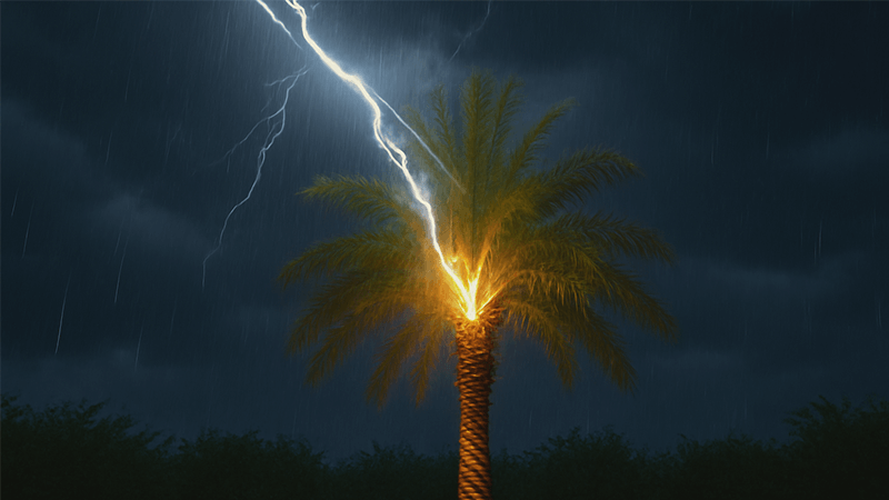 A palm tree being struck by lightning during a storm