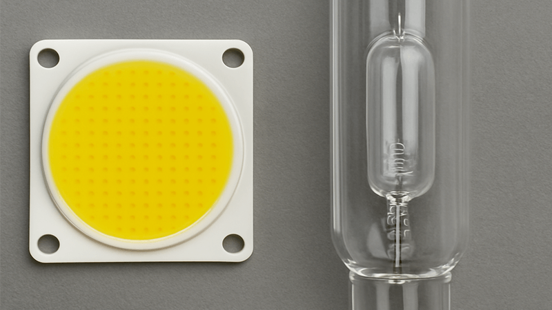 LED vs. Metal Halide Technology Close-up of an LED chip next to a metal halide bulb