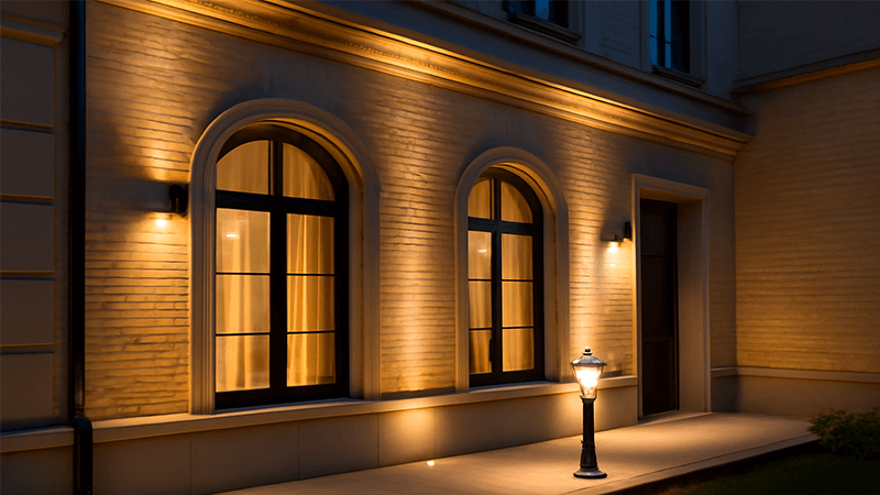 Ambient and Functional Outdoor Lighting A well-lit building facade showcasing ambient and functional lighting