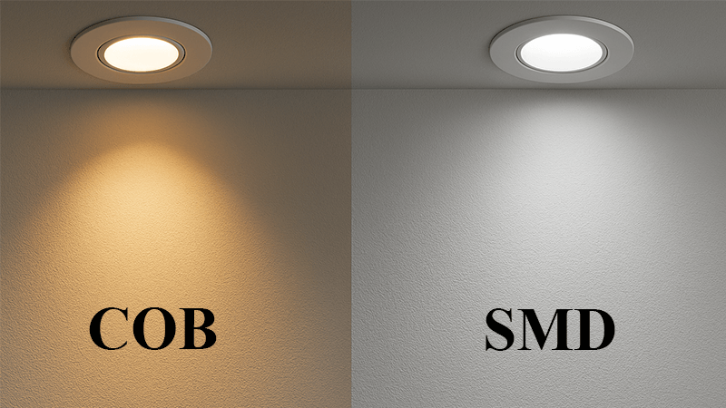 A side-by-side comparison of the light output from a COB downlight and an SMD downlight.