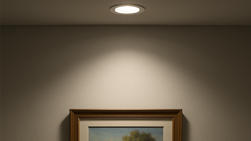 A COB downlight illuminating a piece of artwork in a gallery.
