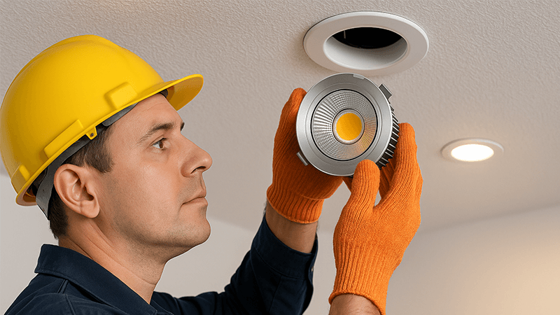 A maintenance worker replacing a full COB downlight module.