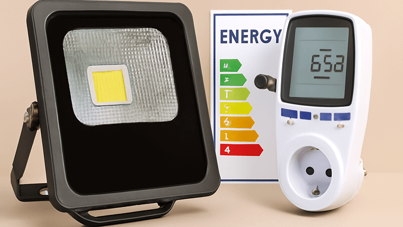 LED Flood Light Energy Consumption An LED flood light with an energy efficiency label next to a power meter