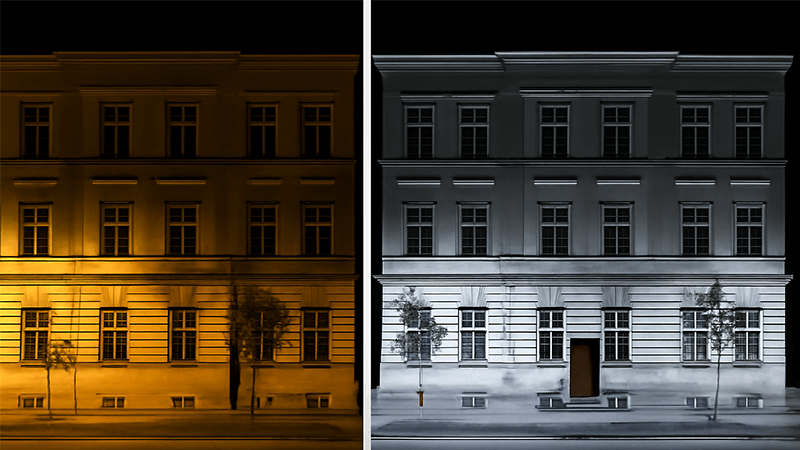 Light Quality of LED versus Traditional Lights Side-by-side comparison of a building lit by yellow-tinged old lights versus crisp-white LED lights