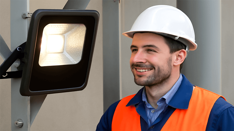 Long Lifespan of LED Floodlights An engineer smiling while looking at a long-lasting LED floodlight installation