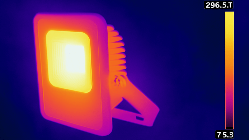 Heat Management in LED Floodlights A thermal camera image showing the heat concentrated at the rear heat sink of an LED floodlight