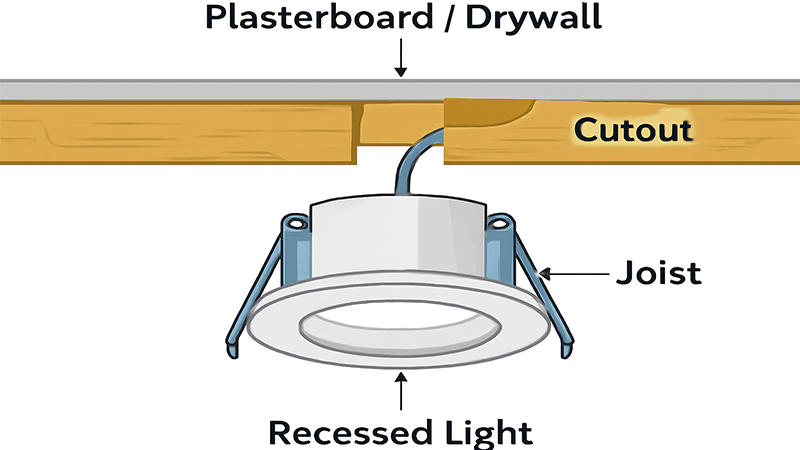 Diagram showing how a recessed light is installed into the ceiling.