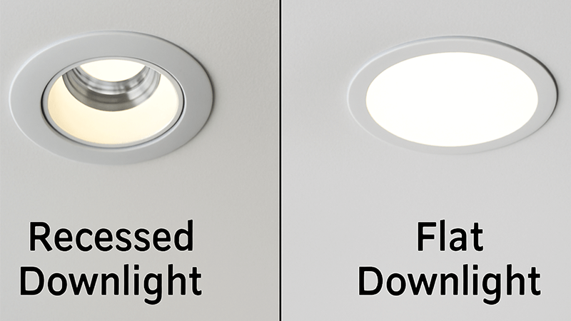 Side-by-side comparison of a recessed downlight and a flat downlight.