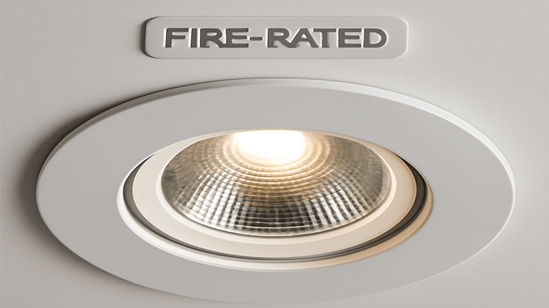 A close-up of a fire-rated downlight installed in a modern ceiling