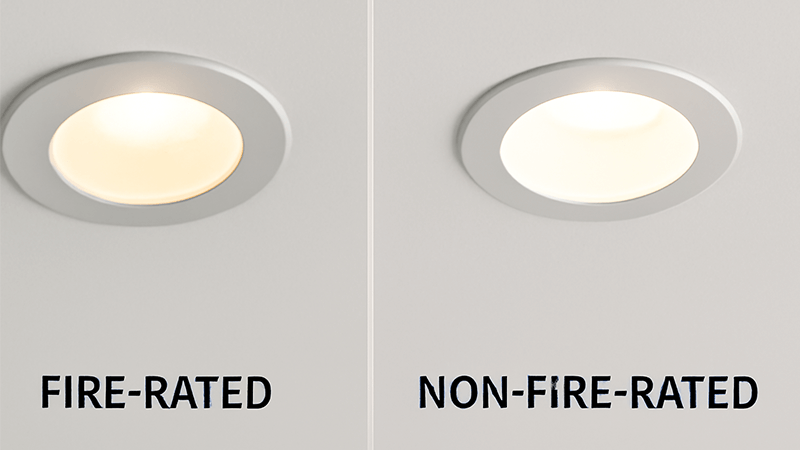 A side-by-side comparison of a fire-rated and a non-fire-rated downlight