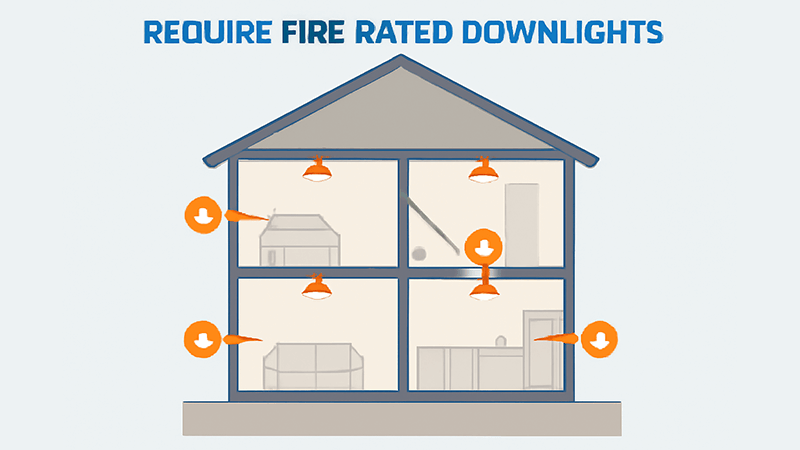 A diagram showing where fire-rated downlights are required in a multi-story building