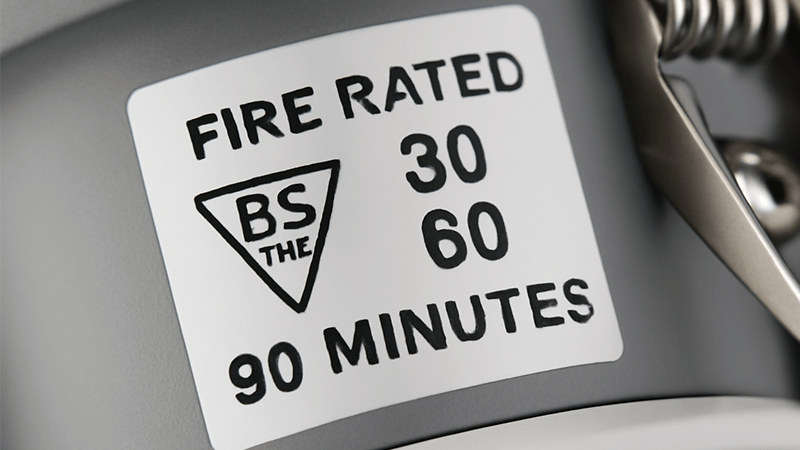 A close-up of the certification mark on a fire-rated downlight