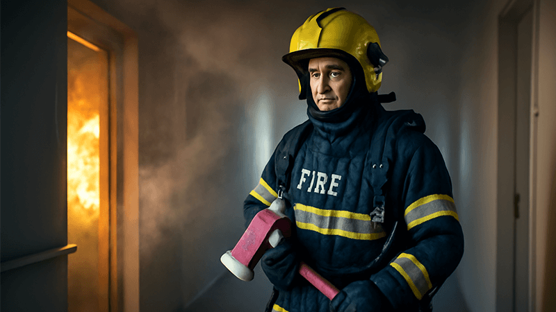 A firefighter in a building, illustrating the importance of fire containment